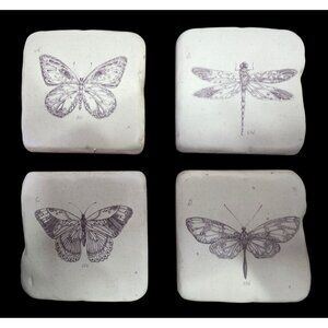 Handmade Ceramic Tile Coasters Set of 4 Butterfly Dragonfly Cork Back 90s/00s